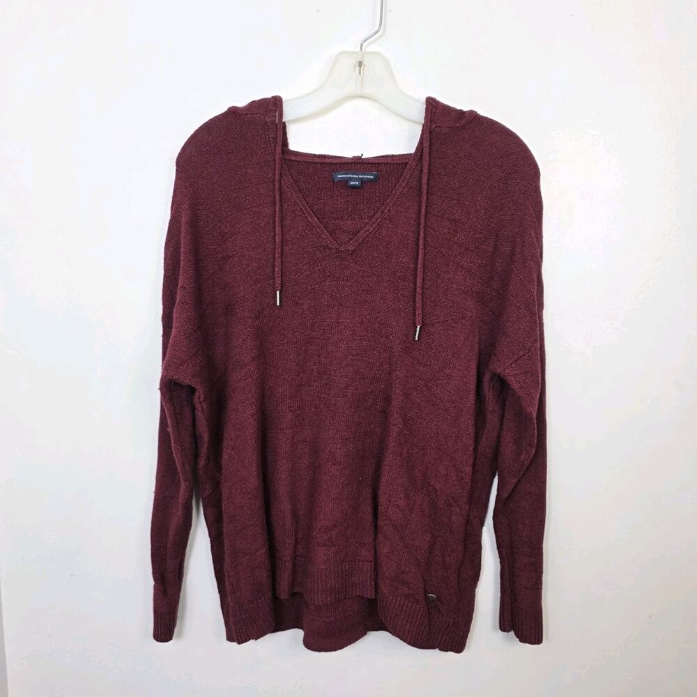 American Eagle Maroon Wool Blend Comfy Outdoor Hooded‎ Pullover Sweater Size XS